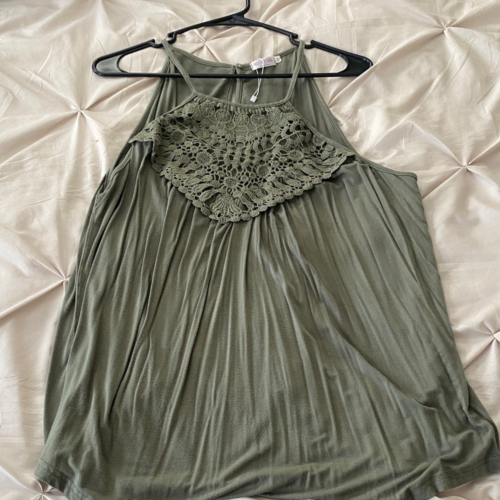 Olive Green Crochet Detail Women's Top